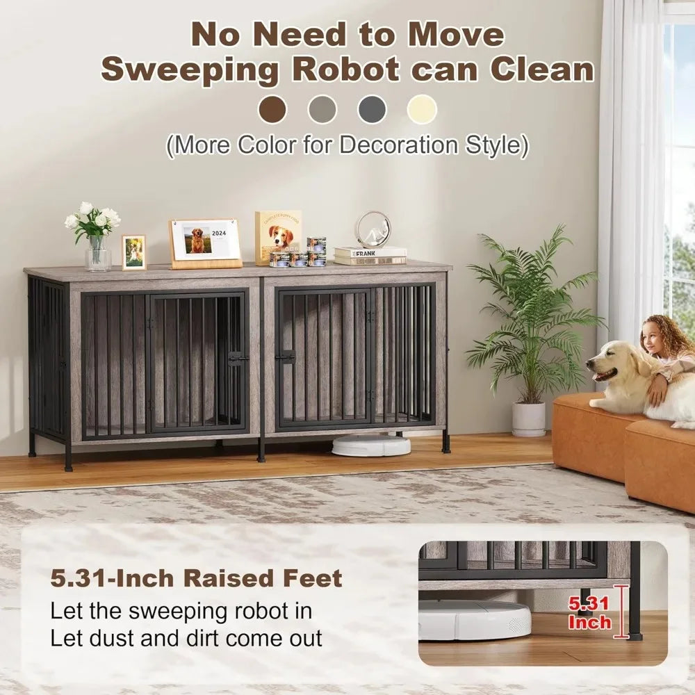 78 Inch Dog Cage Furniture for 2 Pets with Divider, XXL Wooden Double Dog Crate Furniture TV Stand for Mideum and Large Breed,