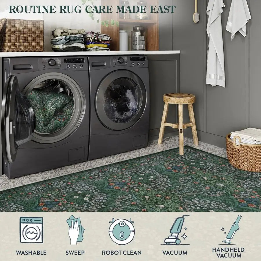 CozyNest Floral Washable Rugs 5x7 - Soft Green Boho Non Slip Low Pile Stain Resistant Carpet