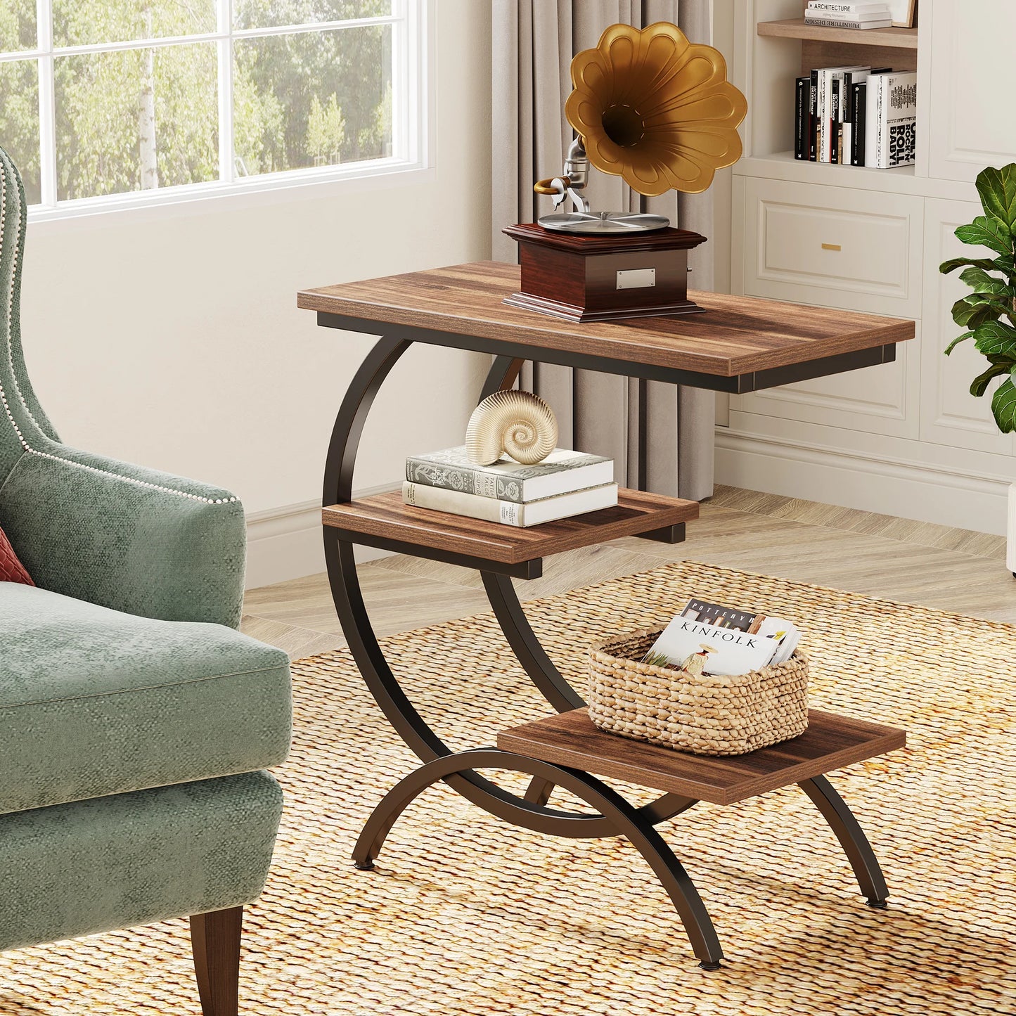 Tribesigns C Shaped End Table Industrial Three Tier Couch Table