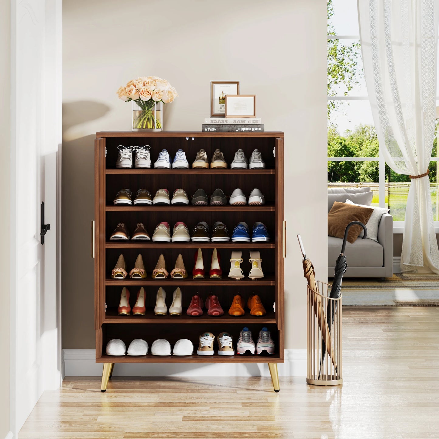 Tribesigns 6-Tier Wooden Shoe Cabinet with Doors and Adjustable Shelves