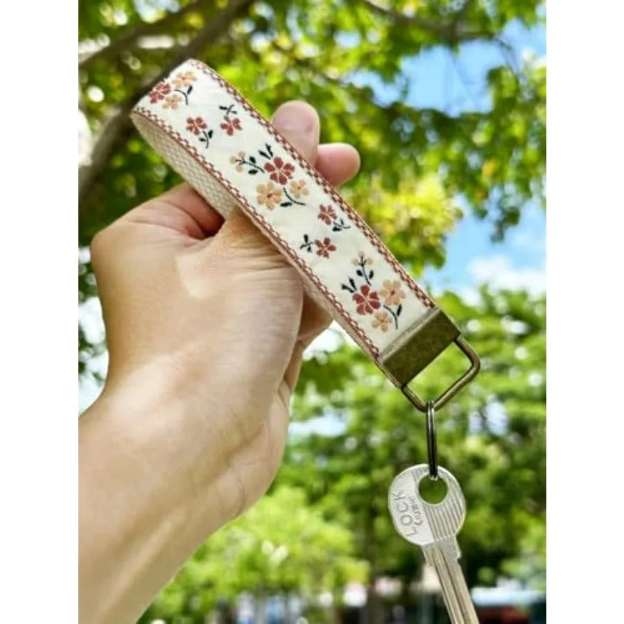 Embroidered Fabric Wristlet Keychain For Women With Metal Hardware