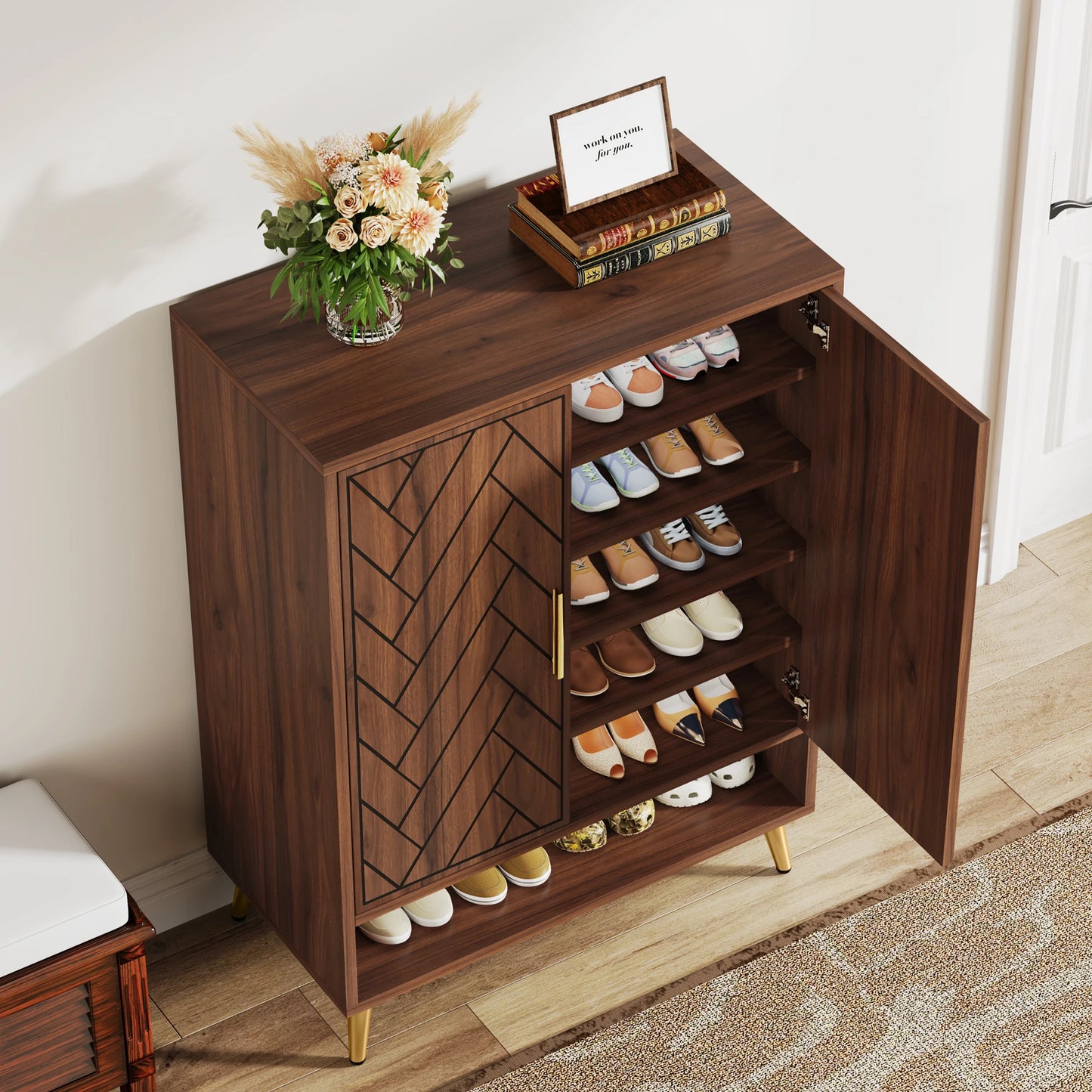 Tribesigns 6-Tier Wooden Shoe Cabinet with Doors and Adjustable Shelves