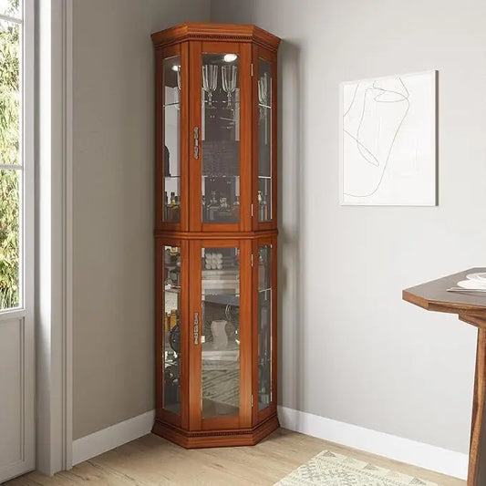 Lighted Three Sided Glass Display Curio Cabinet With Doors Shelves