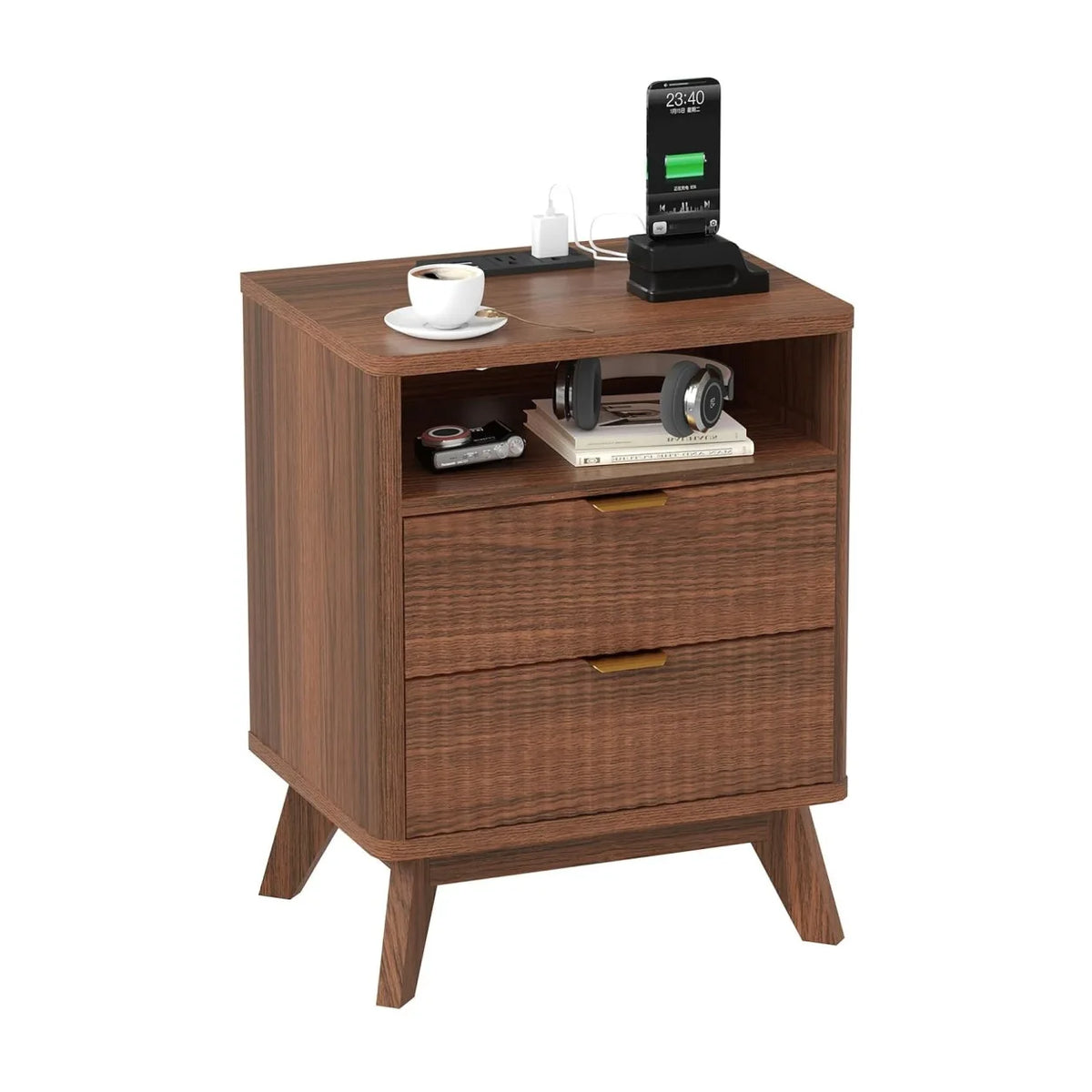ANIXOL Fluted Wood Nightstand with Drawer and USB Charging Station