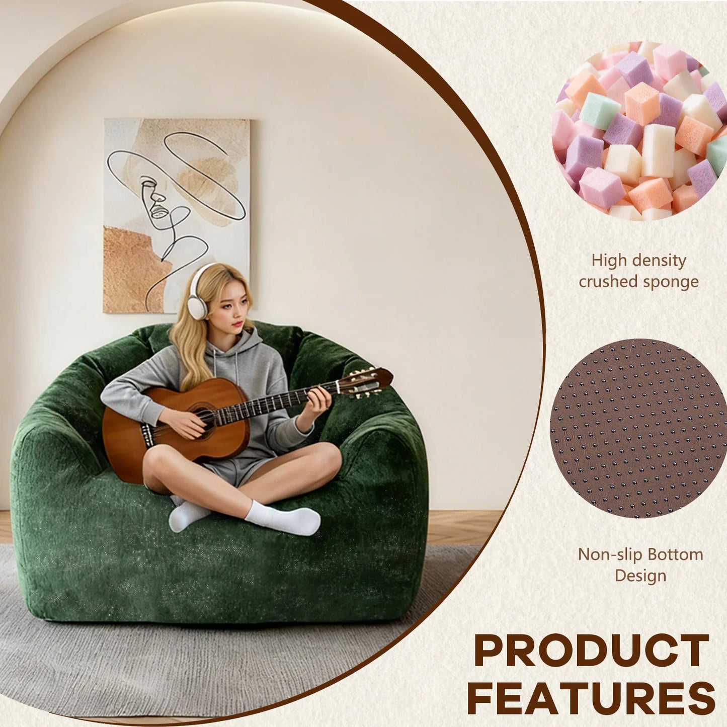 Adult Bean Bag Chair With Rabbit Fur Fabric And Memory Foam Reading Chair