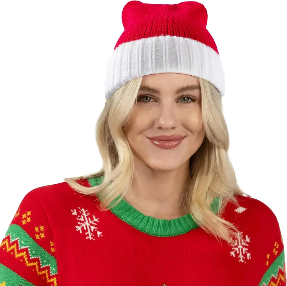 Knitted Santa Elf Hat With Pom Poms For Christmas Parties
