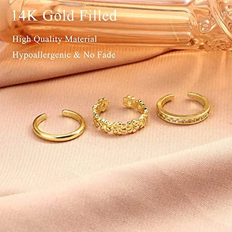 14K Gold Filled Toe Rings for Women Adjustable CZ Flower