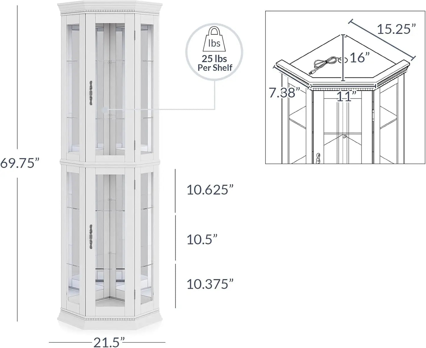 Lighted Three Side Glass Display Corner Curio Cabinet With Tempered Doors