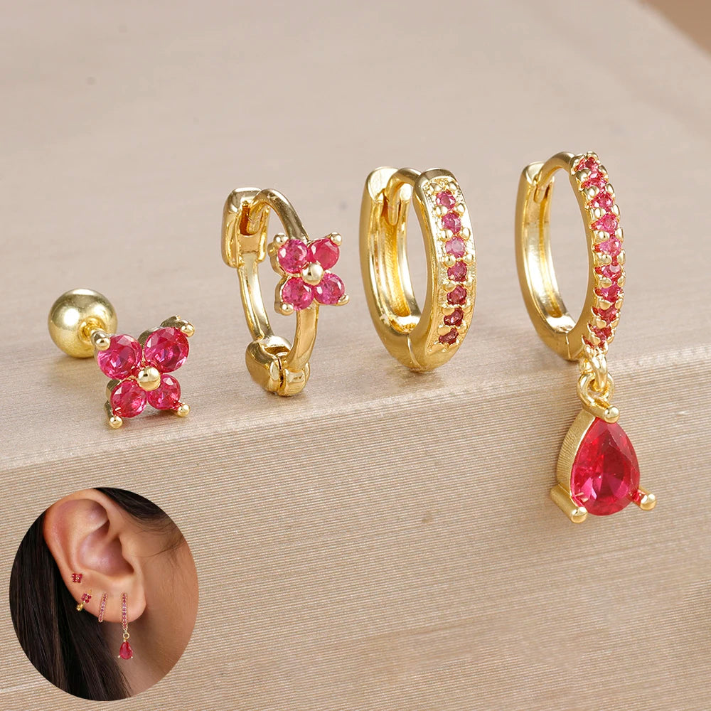 Korean Stainless Steel Zircon Water Drop Earrings Set for Women