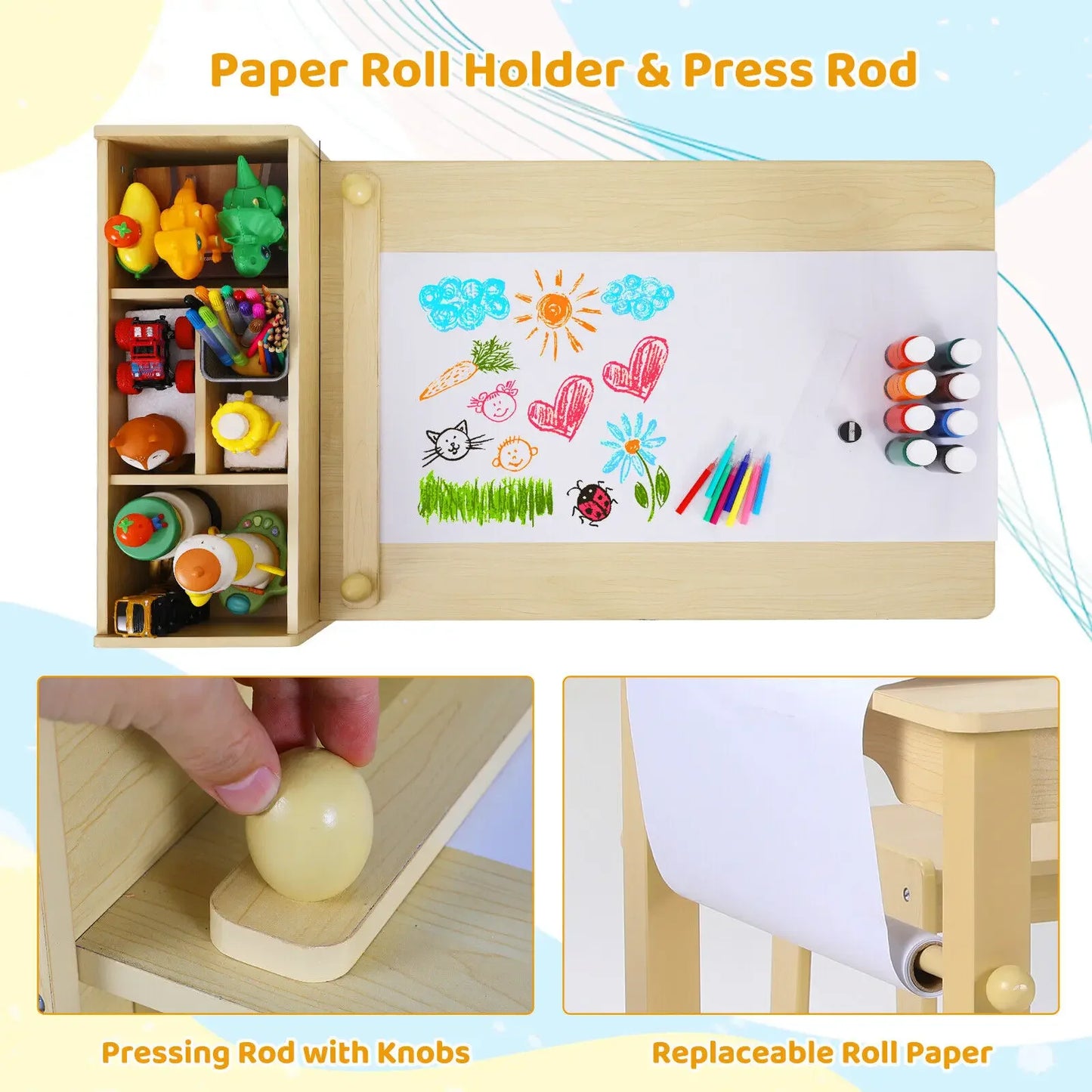 AuAg Kids Art Table and Chair Set With Storage Shelves and Bins