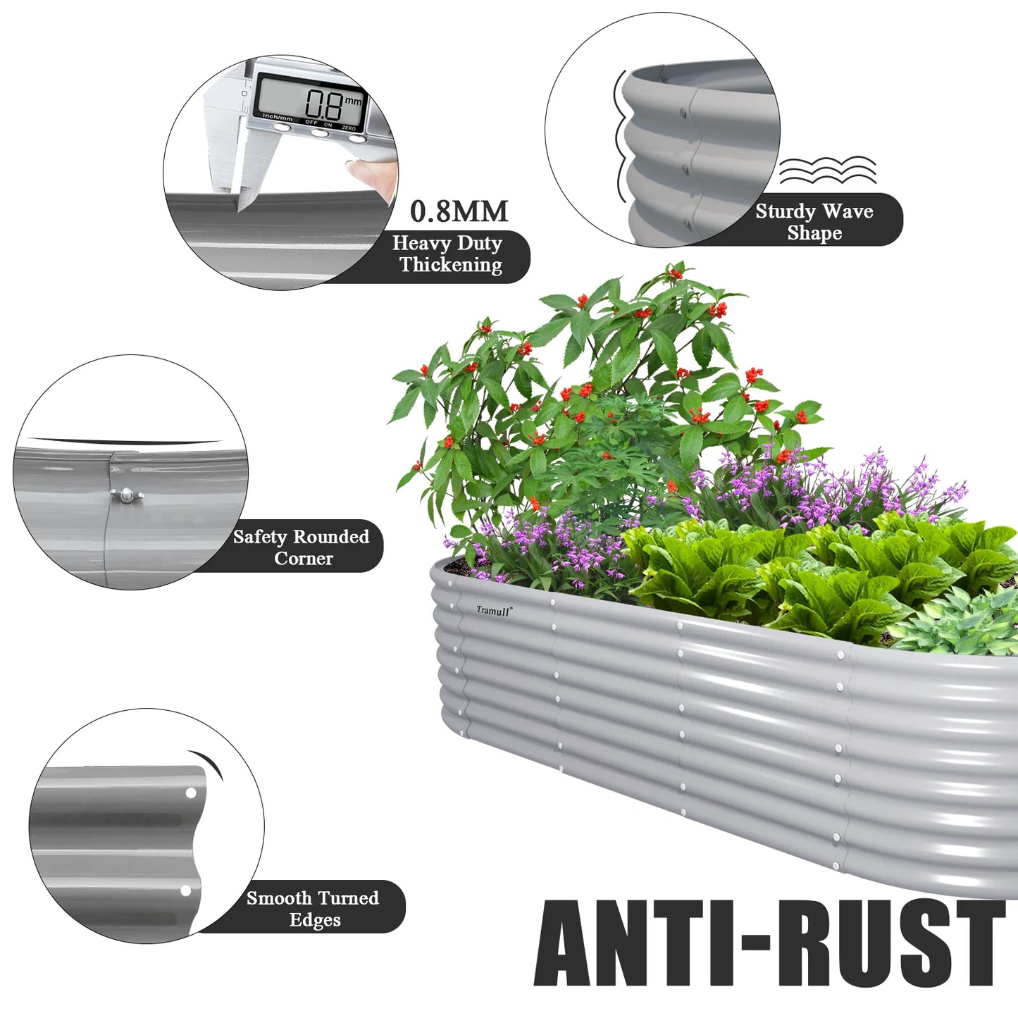 8x3x2FT Galvanized Raised Garden Bed Kit Oval Metal Ground Bottomless Planter Box Outdoor for Vegetables Flowers Herbs Fruits