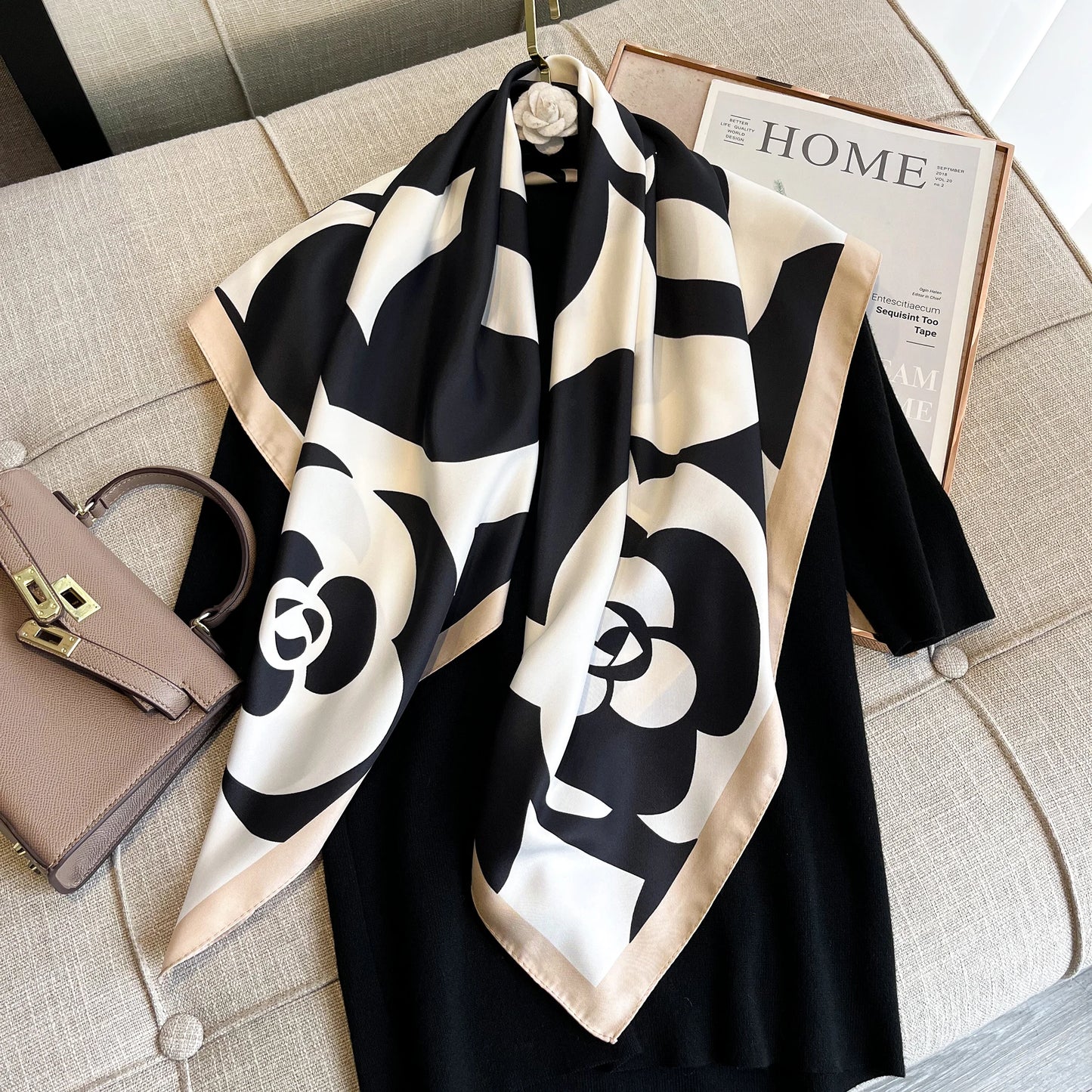 Fashion Floral Print Satin Twill Square Scarf For Women Neck Tie Bandana