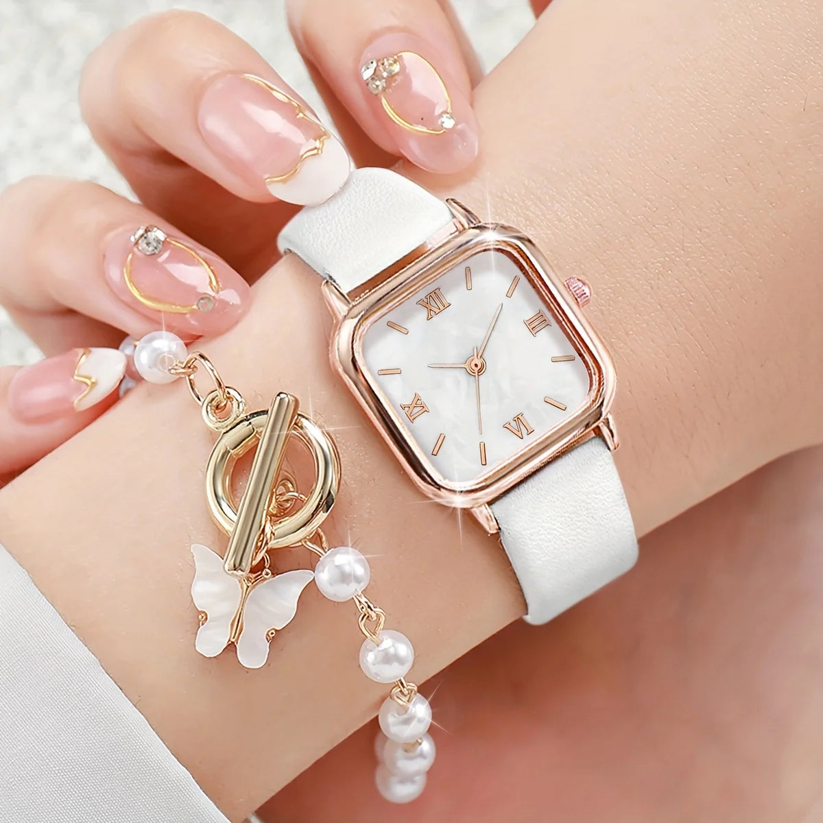 None Fashion Women PU Band Square Dial Watch With Bracelet - 2-Pc Set Stainless Steel Case Quartz Movement