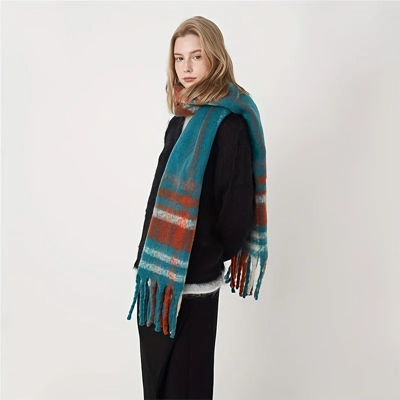 Boho Plaid Tassel Chunky Knit Scarf Shawl Neck Warmer