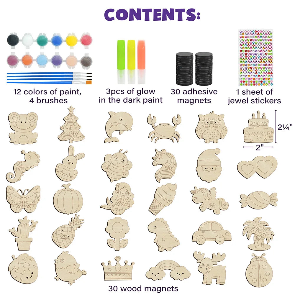 Wooden Magnet Craft Kit With Glow Paints And Gem Stickers