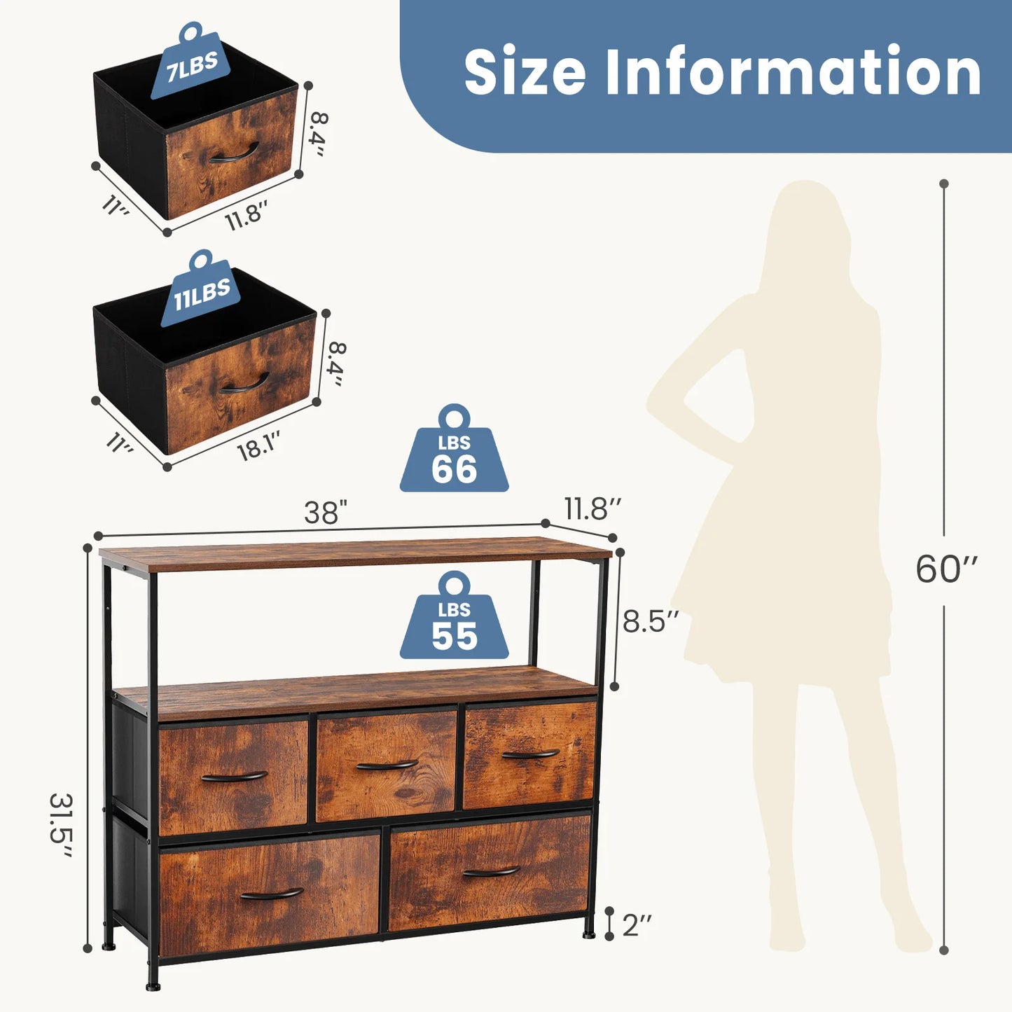 JHK Modern Fireplace TV Stand With Fabric Storage Drawers