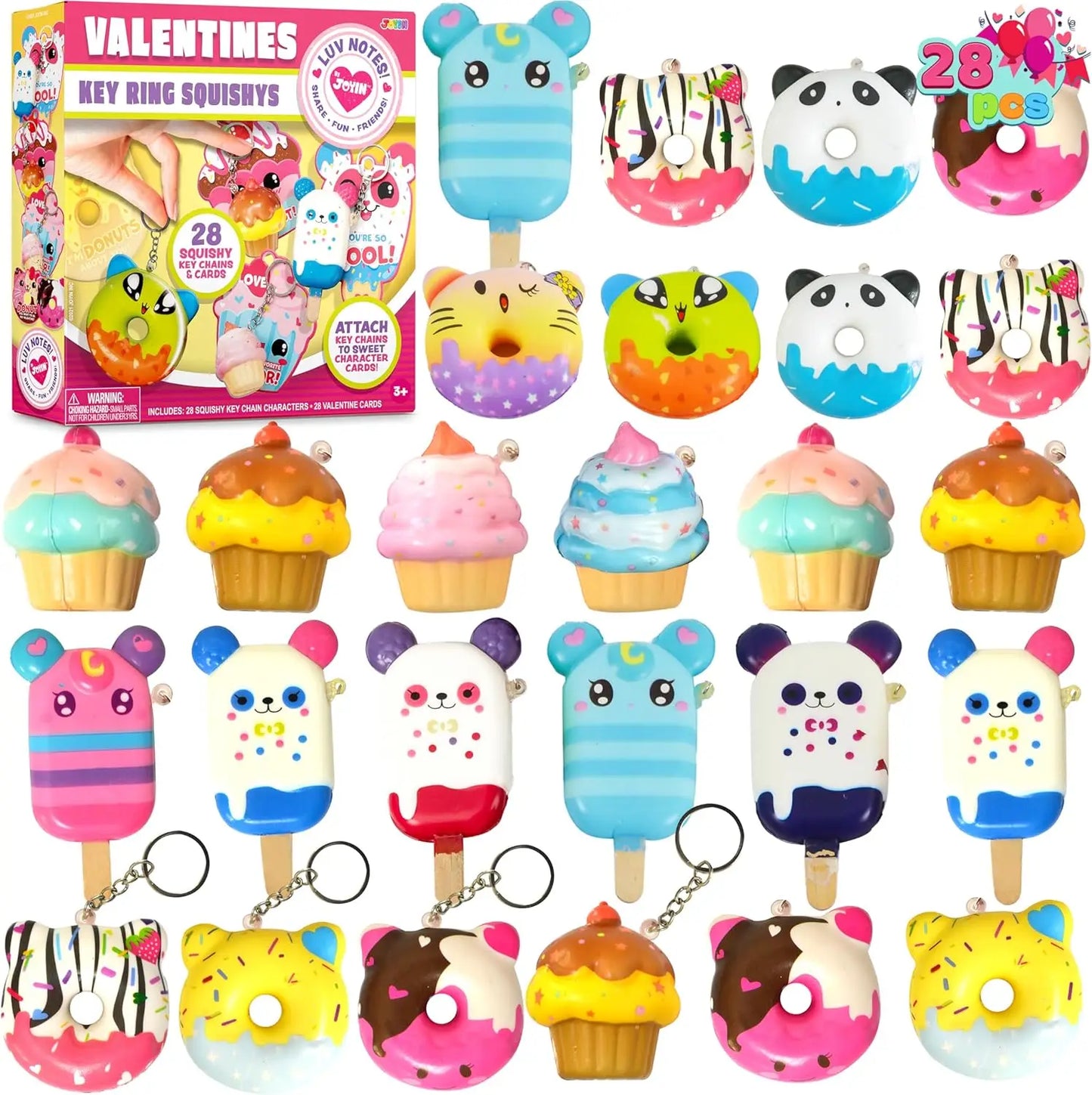 JOYFY 28 Pack Dessert squishy toys Stress Relief Keychains with Cards for Valentine’s Greeting Cards Party Favors Exchange Prize