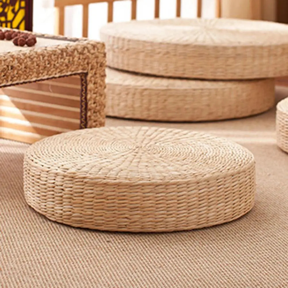 Round Tatami Cushion Handmade Straw Weave Floor Pillow For Meditation Yoga
