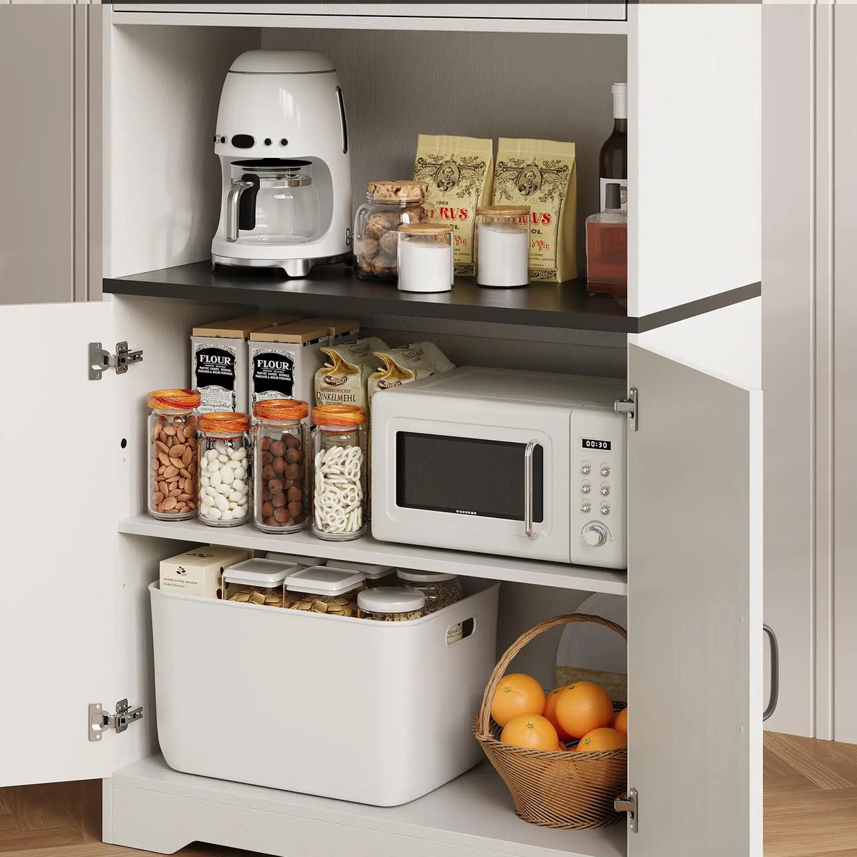 Farmhouse Kitchen Pantry Cabinet With Charging Station And Storage