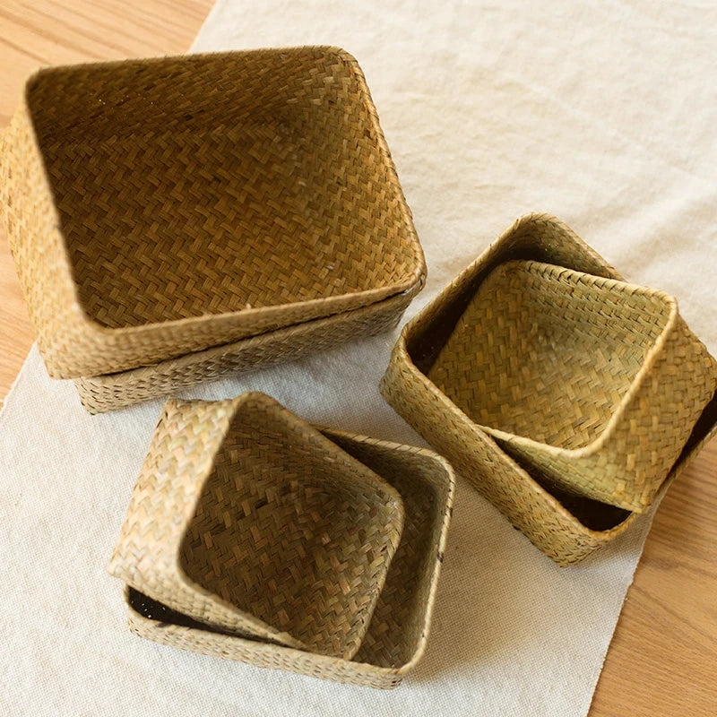 Woven Seagrass Wicker Storage Basket Rectangular Rattan Organizer Sundries