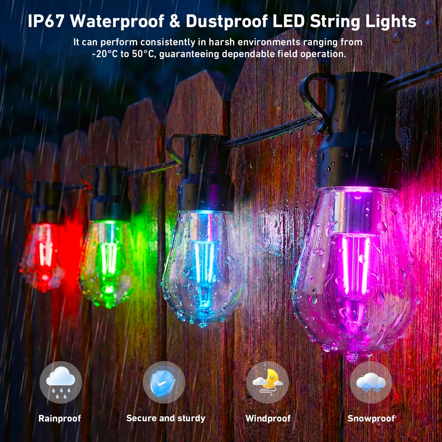 Smart App Controlled Outdoor String Lights With Dimmable LED Bulbs