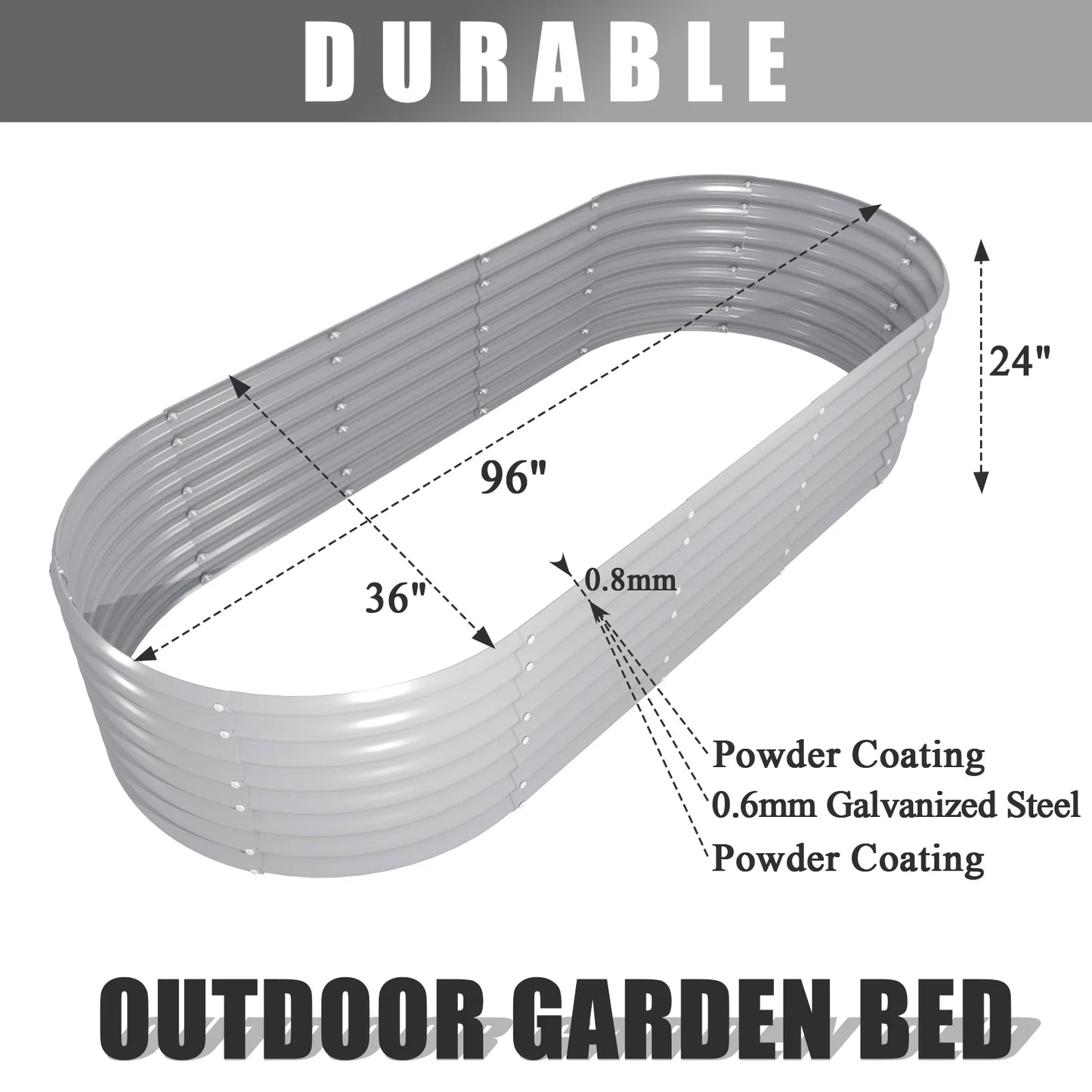 8x3x2FT Galvanized Raised Garden Bed Kit Oval Metal Ground Bottomless Planter Box Outdoor for Vegetables Flowers Herbs Fruits