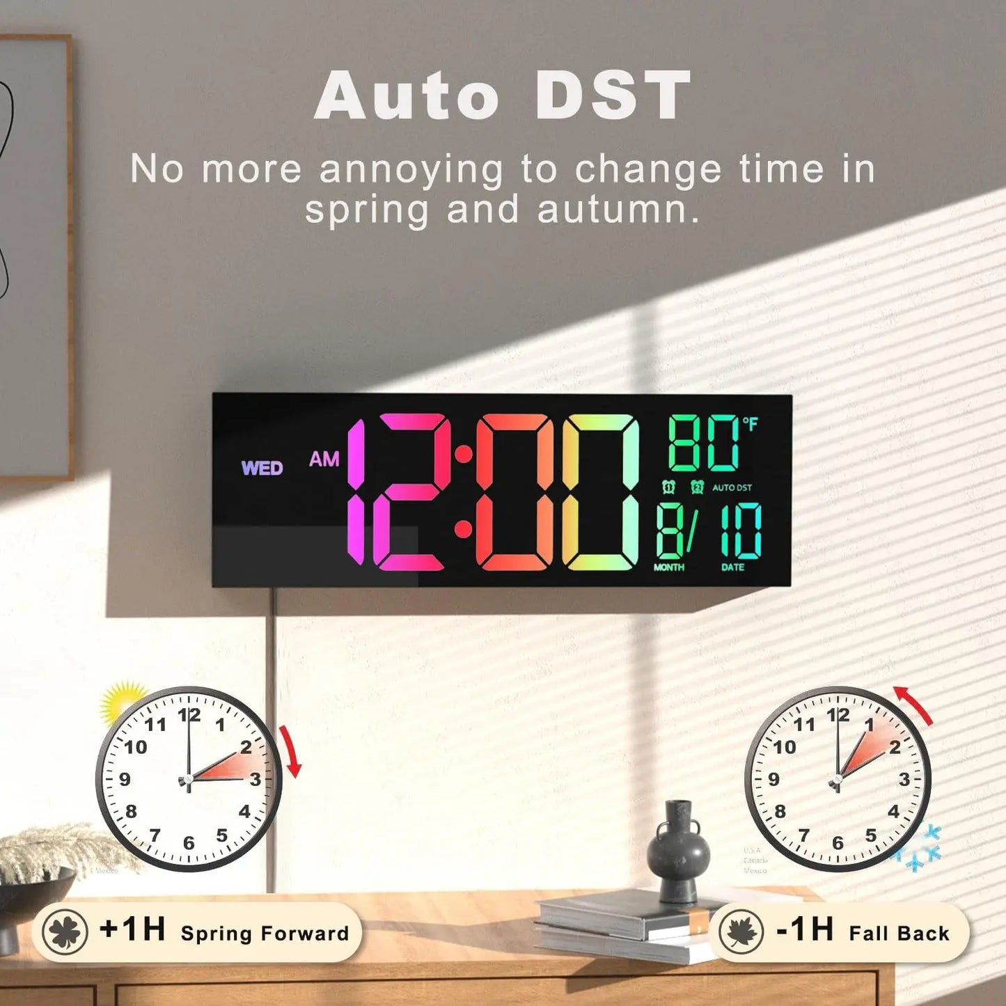 Digital Wall Clock With Remote Alarm Timer Temperature Auto DST LED Display