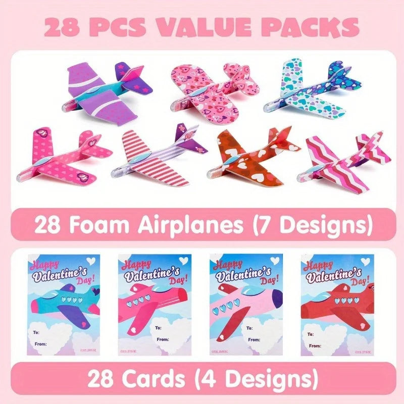 JOYFY 28 Valentines Day Foam Airplanes Greeting Cards with Valentine Punchline for School Classroom Exchange Prizes Party Favor