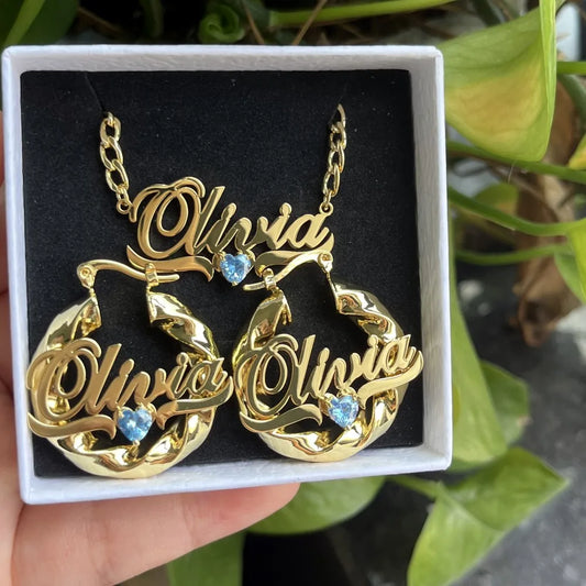 DUOYING Birthstone Jewelry Set Custom Nameplate Pendant Necklace Hoop Earrings