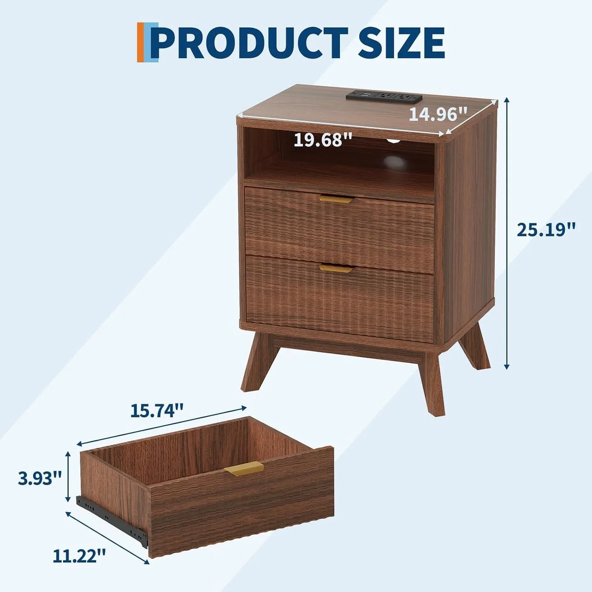 ANIXOL Fluted Wood Nightstand with Drawer and USB Charging Station