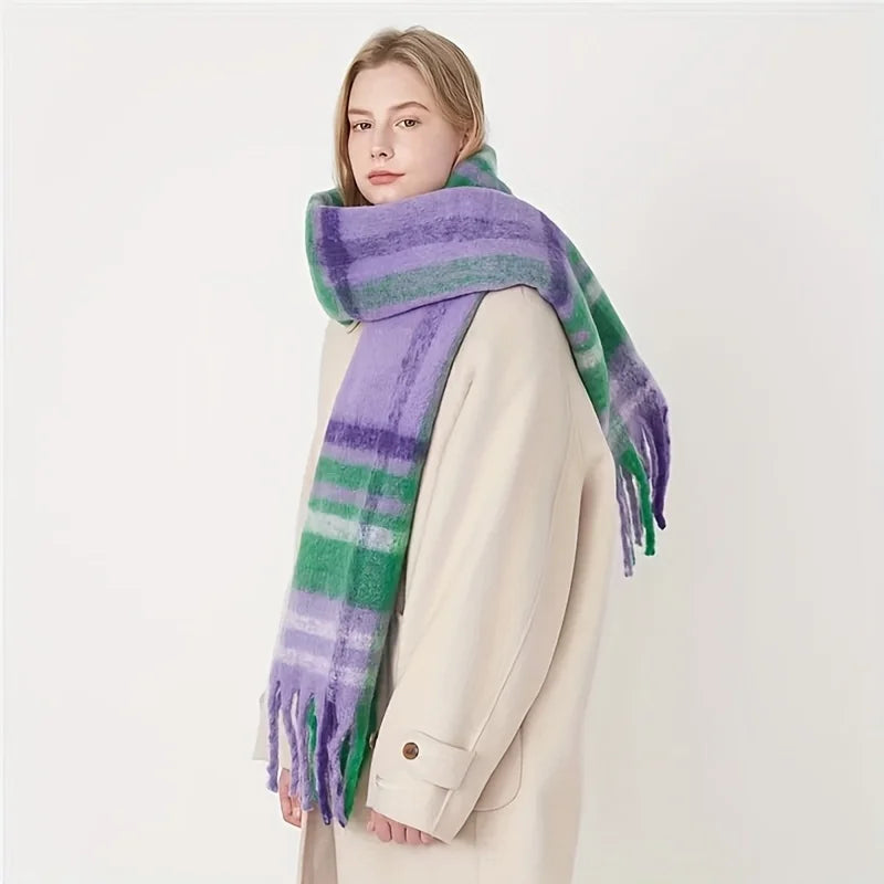 Boho Plaid Tassel Chunky Knit Scarf Shawl Neck Warmer