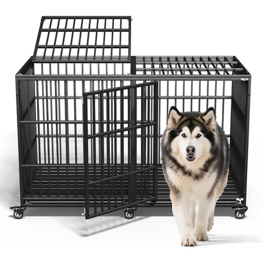 Indestructible Heavy Duty Dog Crate With Double Doors Lockable Wheels