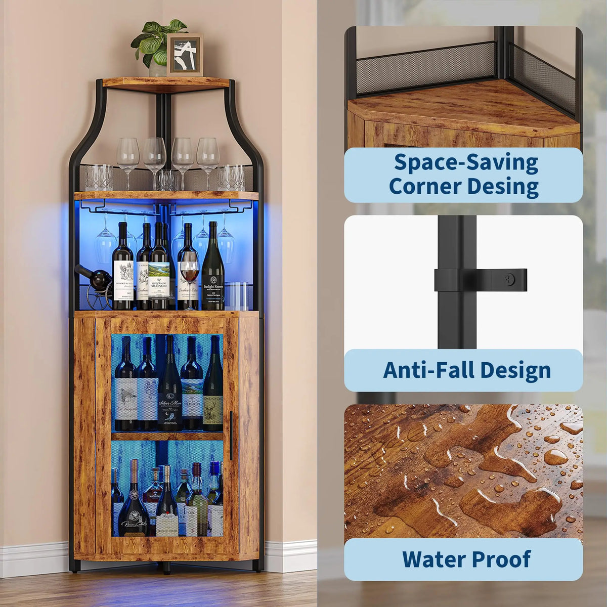 HiMISS Corner Wine Cabinet With LED Lights And Glass Holder