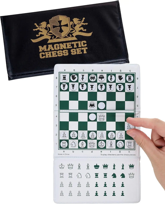 Mini Magnetic Travel Chess Set – 6-Inch Foldable Board with Durable Vinyl Pieces & Extra Queens – Indoor Outdoor Game – Gold Log