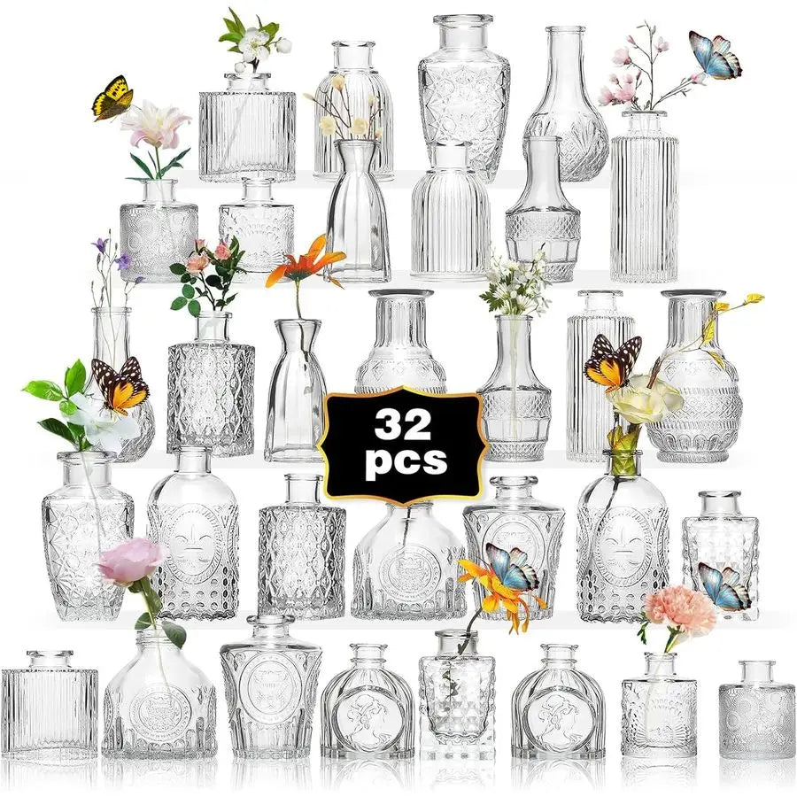 32 Piece Glass Bud Vase Set With Etched Pattern Centerpieces