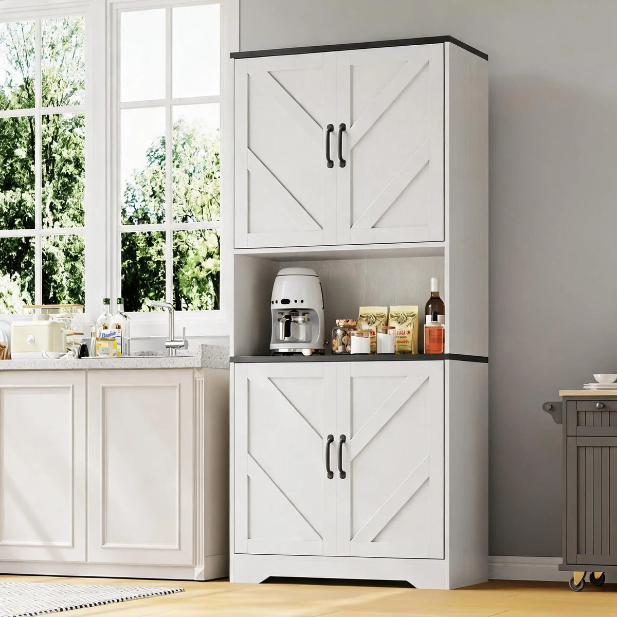 Farmhouse Kitchen Pantry Cabinet With Charging Station Drawer And Shelves