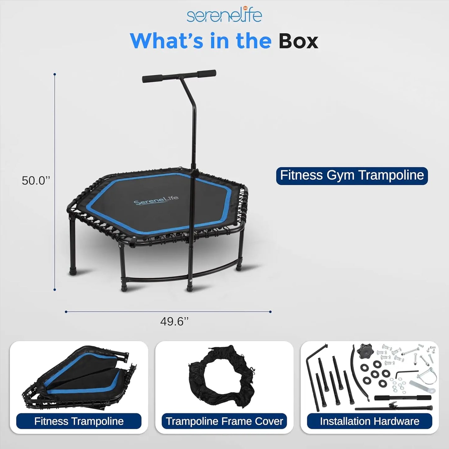 SereneLife 40"/50" Mini Trampoline for Adults - 450/550LBS Fitness Trampoline with Reinforced Springs & Adjustable Safety Handle