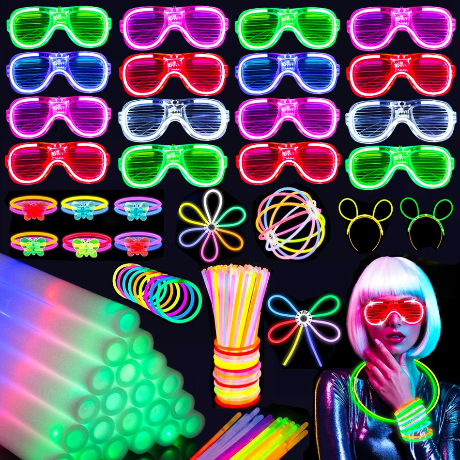 Glow In The Dark Party Supplies Kit With Foam Glow Sticks And LED Glasses