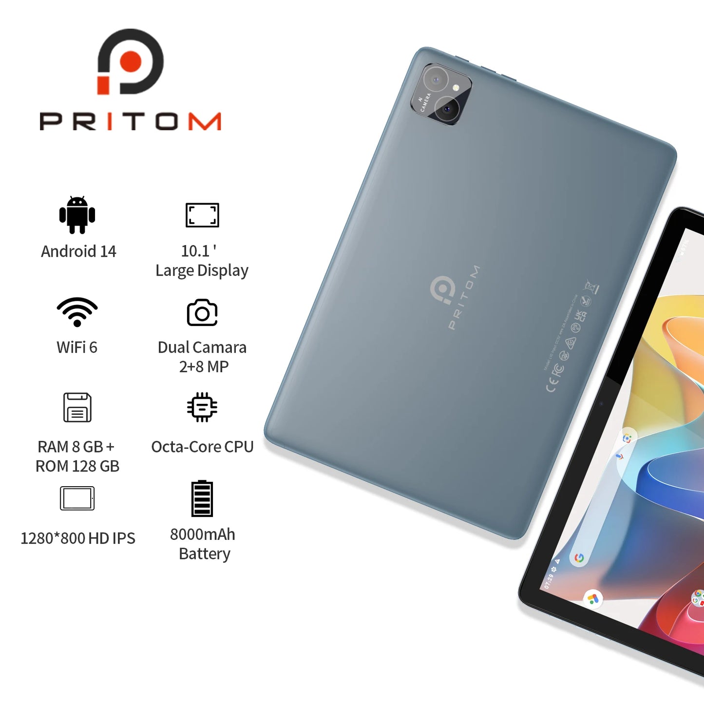 PRITOM Android Tablet 14 Quad Core 8GB RAM 128GB ROM