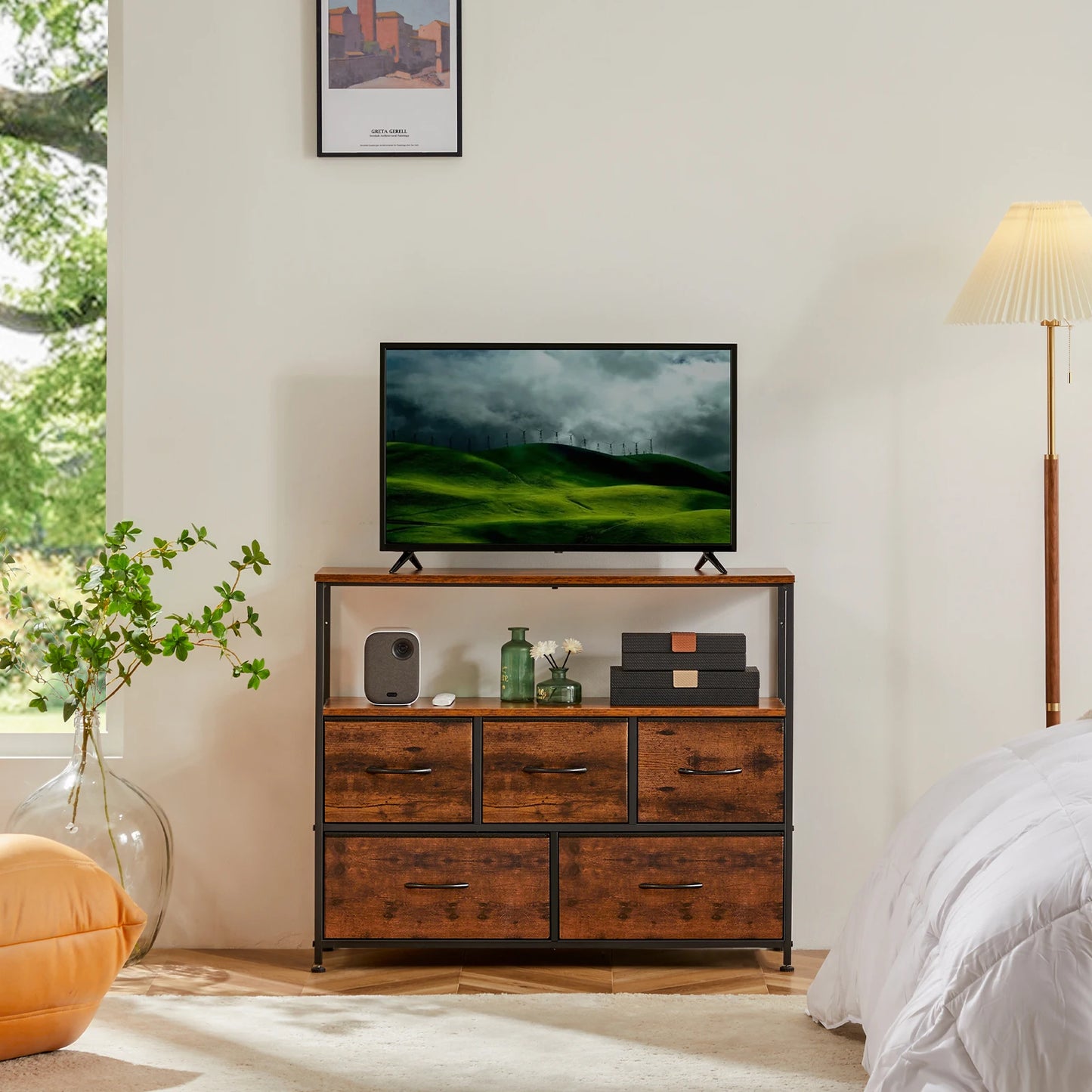 JHK Modern Fireplace TV Stand With Fabric Storage Drawers