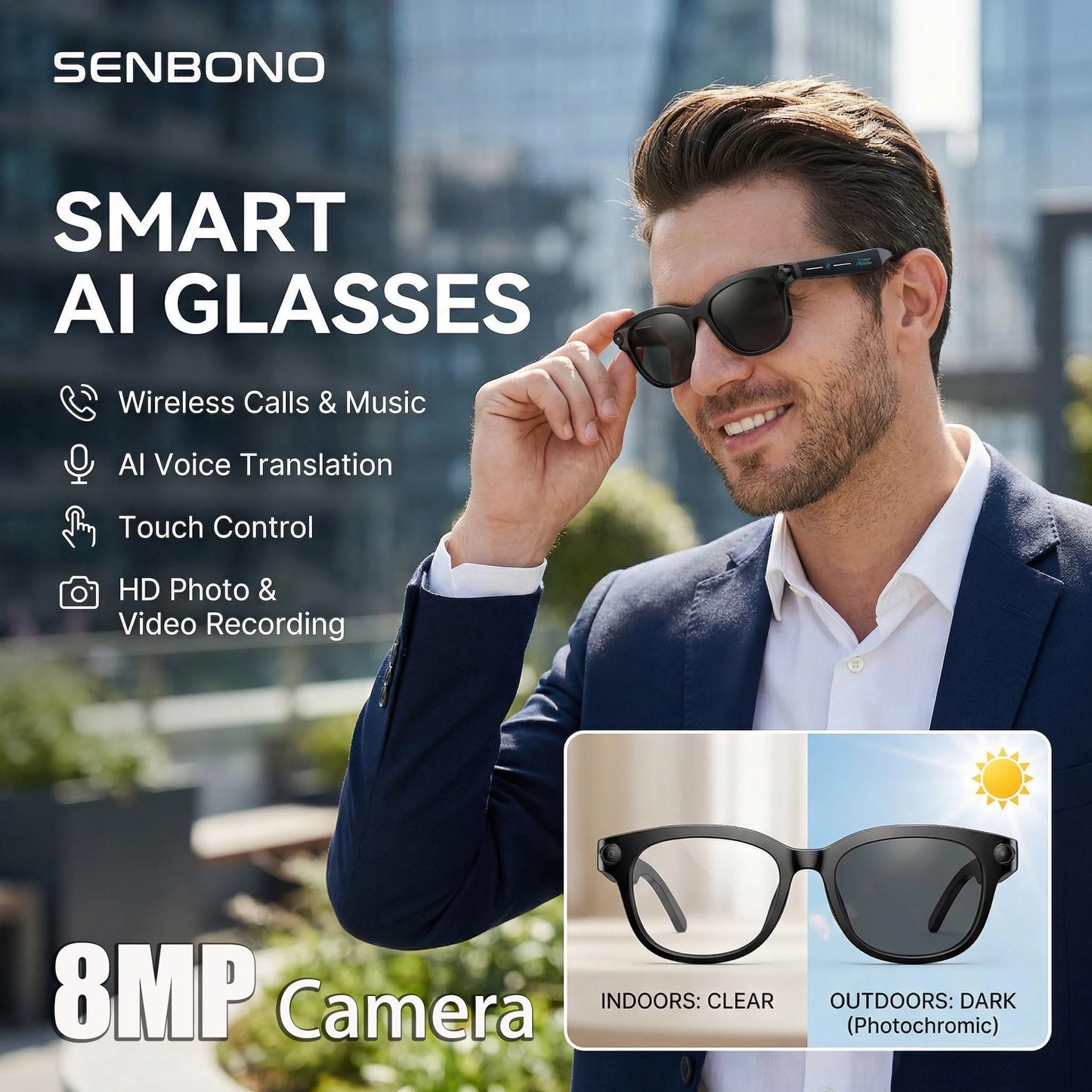 SENBONO AI Smart Glasses With Camera Photo Recognition And Translation