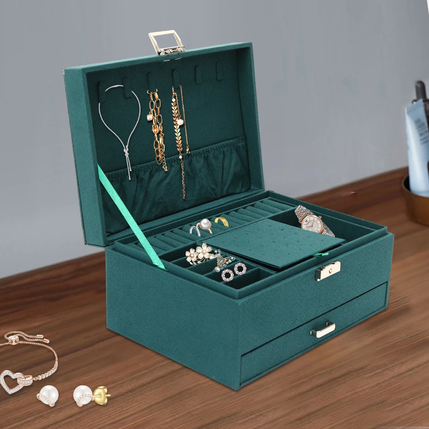 NONECN Lockable Jewelry Storage Case With Removable Tray And Mirror