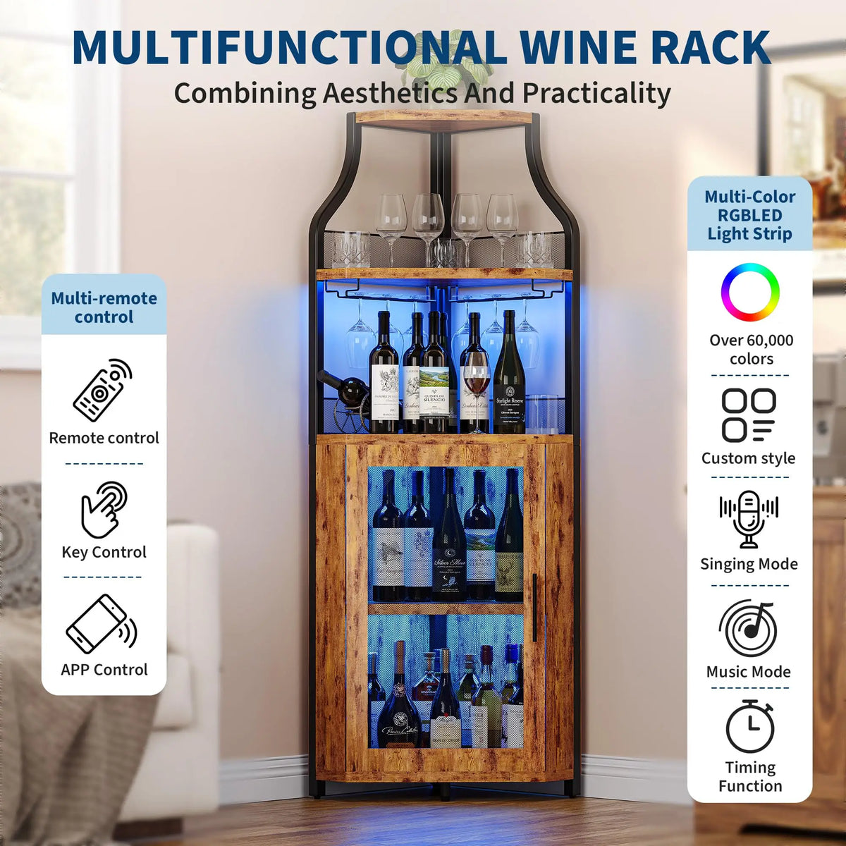 HiMISS Corner Wine Cabinet With LED Lights And Glass Holder