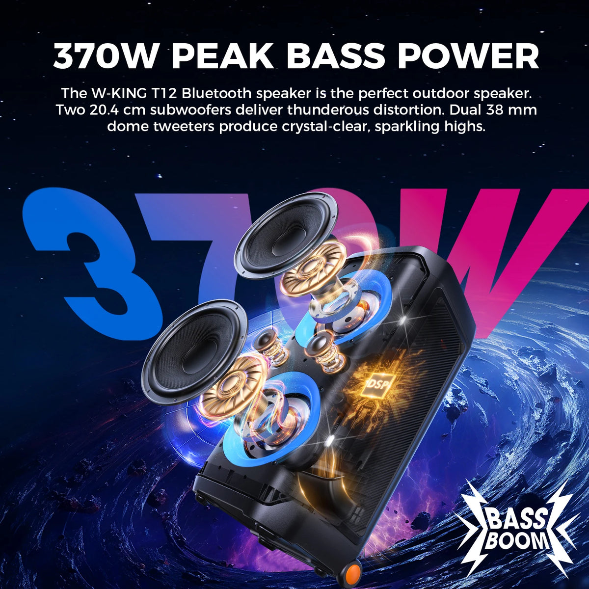 W-King T12 Portable Bluetooth Speaker 370W Max Output