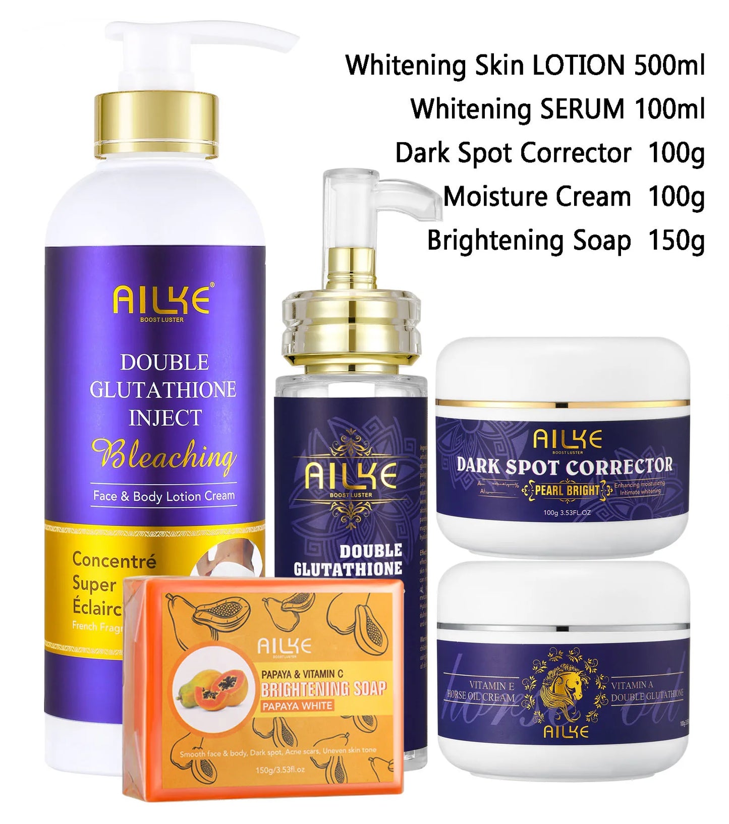 AILKE Glutathione 5in1 Women Skin Care Kit With Body Lotion Serum Dark Spot Cream Brightening Soap