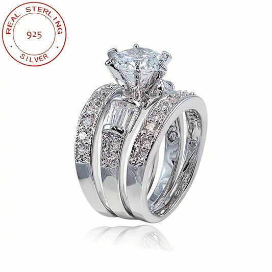 WPOOCC 3pc Sterling Silver Zircon Ring Set For Women