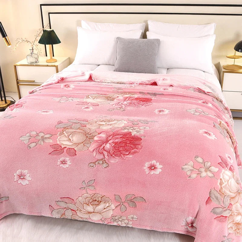 Floral Style Warm Fleece Bedspread Blanket Plaid Travel Shawl