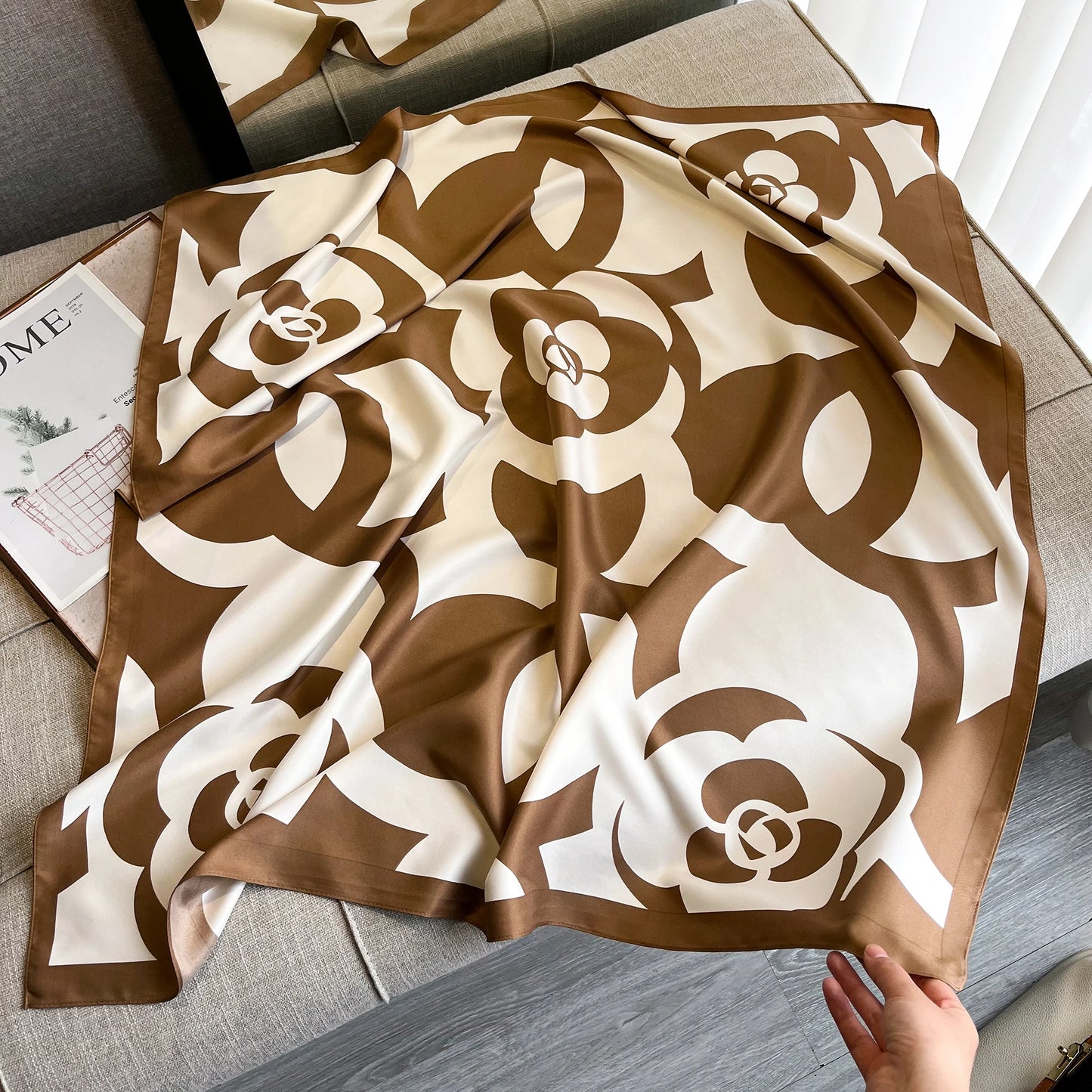Fashion Floral Print Satin Twill Square Scarf For Women Neck Tie Bandana