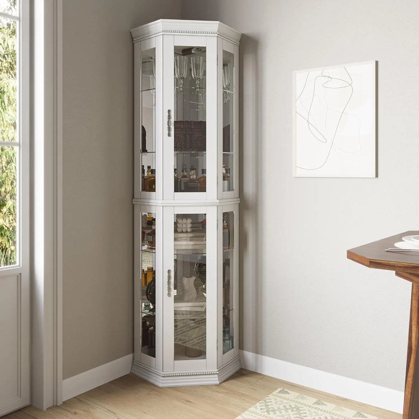Lighted Three Side Glass Display Corner Curio Cabinet With Tempered Doors