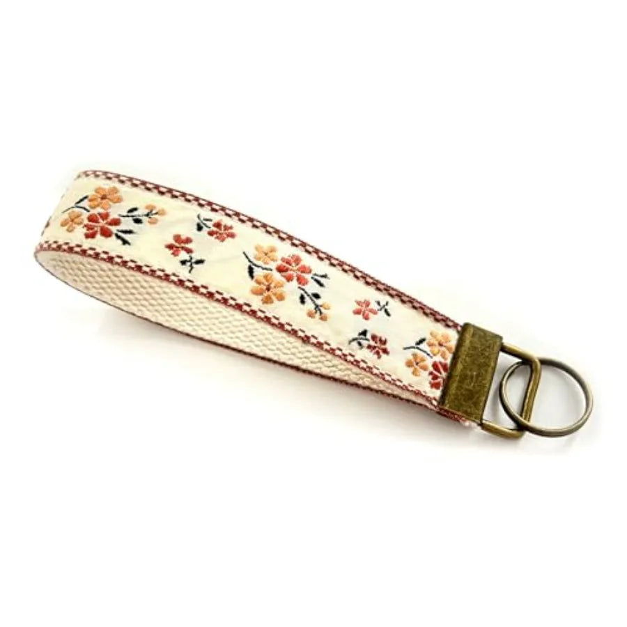 Embroidered Fabric Wristlet Keychain For Women With Metal Hardware
